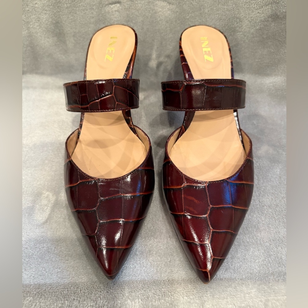 INEZ Burgundy Croc-Embossed Mules- like new